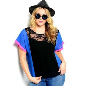 Point Ladies Sheer-Color-Blocked Top Cap-Sleeve Lace-Yoke Size 1XL NWOT